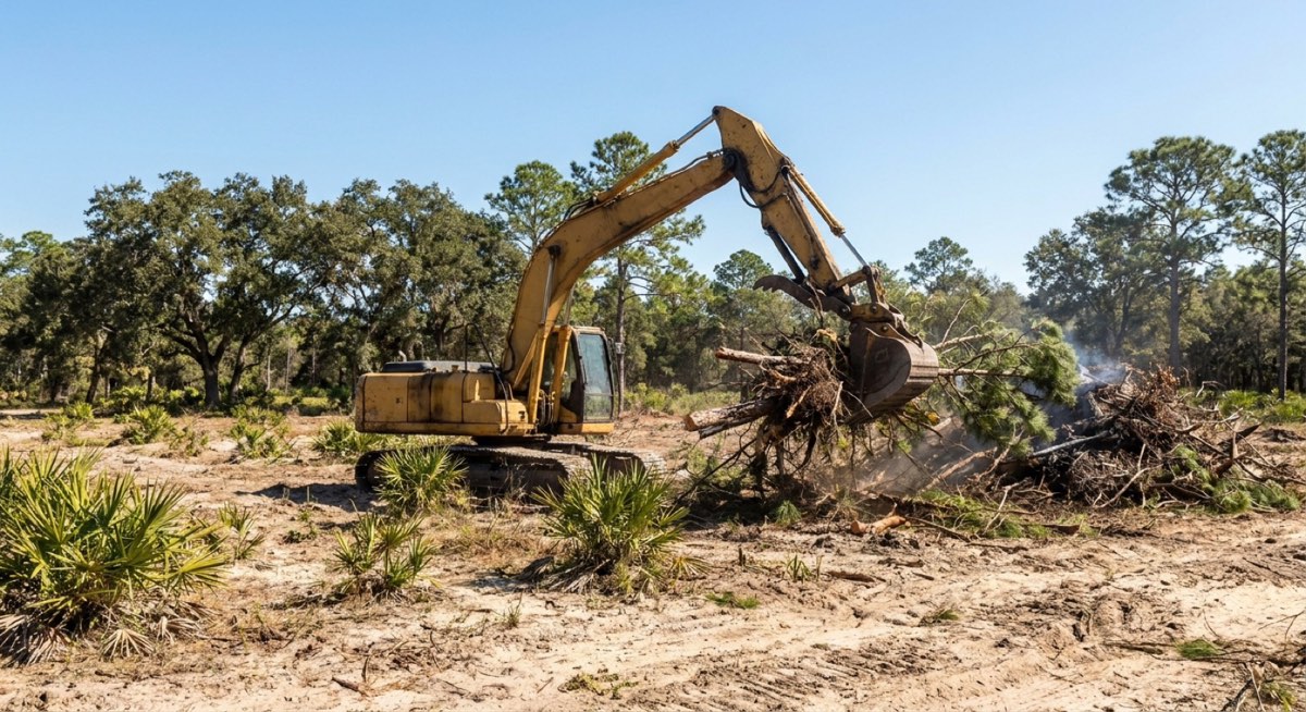 Excavator with grapple loading cleared brush on a Gainesville FL lot